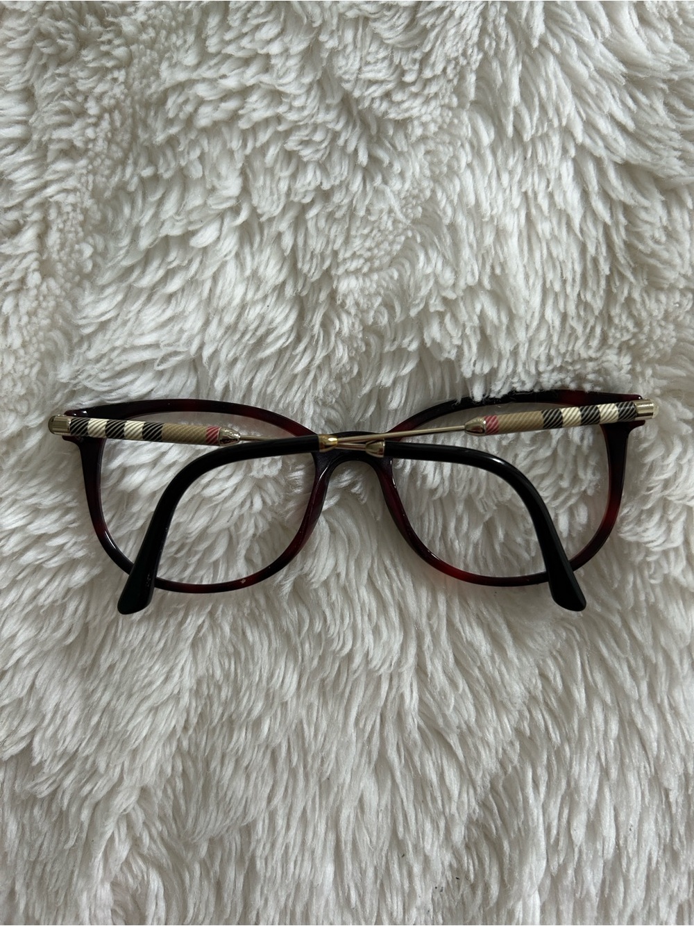 Burberry Red Tortoiseshell Cat-Eye Glasses with Signature Plaid Temples - Picture 5 of 8